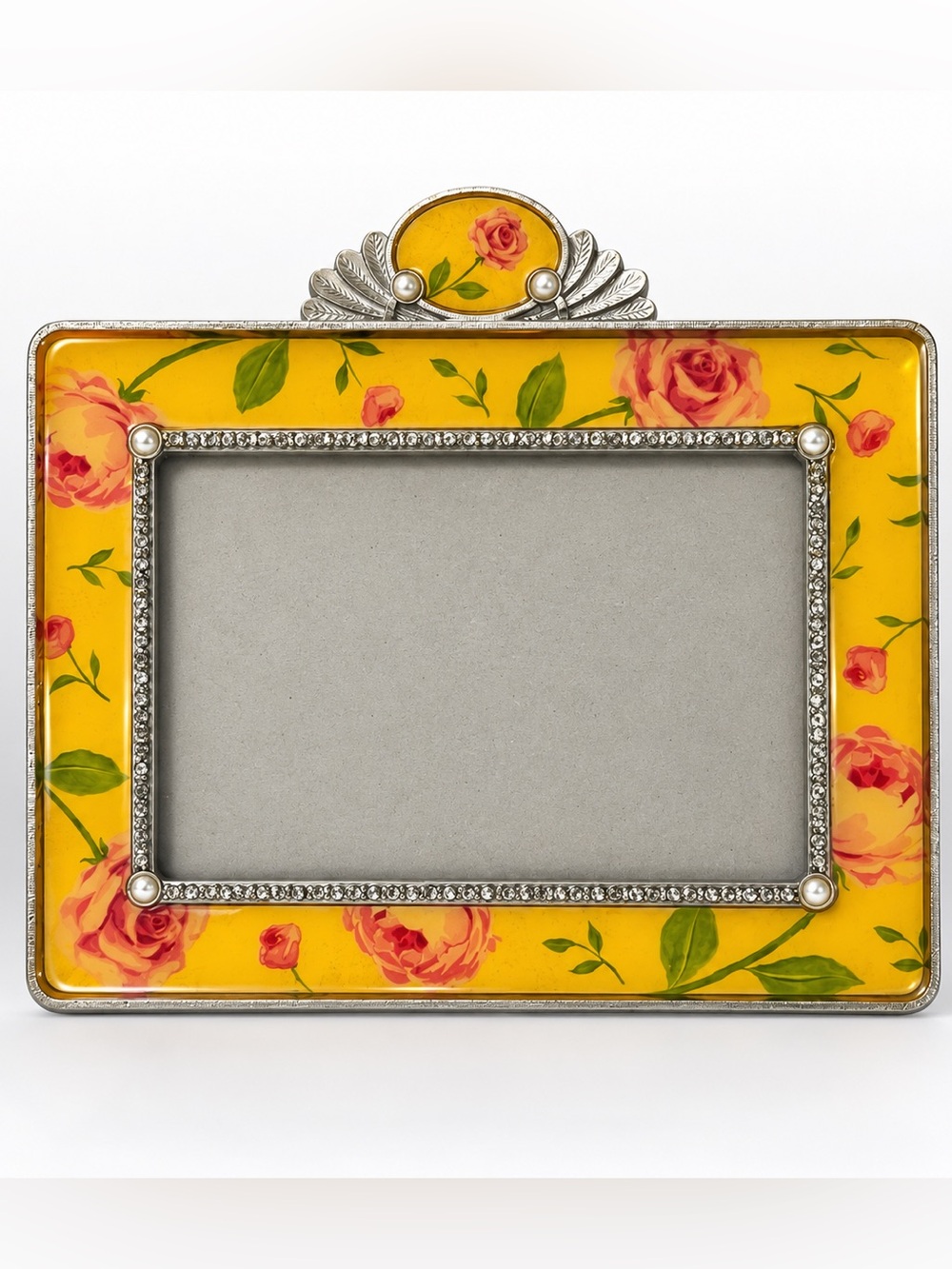 Vintage Thompson Yellow Floral Rose 5x7 Picture Frame Silver Bead & Pearl Accent
